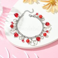 Herz-Charm-Armband aus Legierung und Glas im tibetischen Stil mit Panzerketten aus 304er Edelstahl zum Valentinstag&nbsp;BJEW-TA00311
