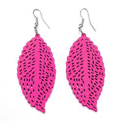 Boucles d'oreilles avec pendantifs de feuille en bois à la mode&nbsp;EJEW-F062-D