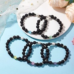 Runde Stretch-Armbänder aus natürlichem Lavastein und Katzenaugenperlen für Damen&nbsp;BJEW-JB10986