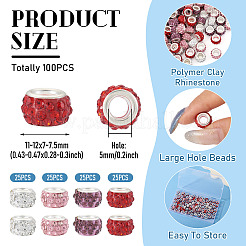 100 Stück 4 Farben Polymer Clay Strass europäische Großlochperlen mit silberfarben plattierten Messingkernen&nbsp;FPDL-TA0001-02
