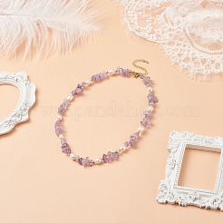Scaglie di ametista naturale e collana di perle di perle&nbsp;NJEW-JN04008-03