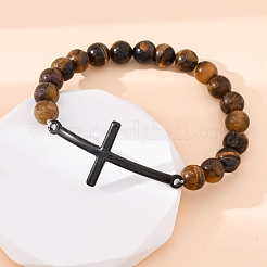 Braccialetti elastici rotondi con perline di occhio di tigre naturale&nbsp;BJEW-F493-08EB-01