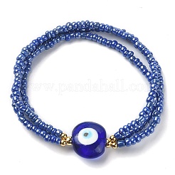 Bracciale elasticizzato a triplo strato con perline di semi di vetro e malocchio lavorato a lume&nbsp;BJEW-JB09472