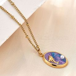 Collane con ciondolo in smalto lilla in acciaio inossidabile 304 da spiaggia estiva per donna&nbsp;NJEW-U043-01C-G