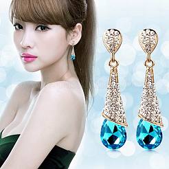 Pendientes de botón de lágrima de rhinestone de latón bañados en oro de 18k&nbsp;EJEW-EE0001-232C