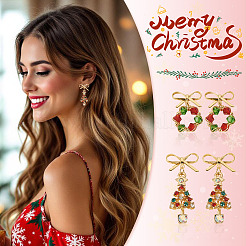 2 Paar 2 Stile Bowknot mit Kranz & Weihnachtsbaum Legierung Glas baumeln Ohrstecker&nbsp;EJEW-TA00699