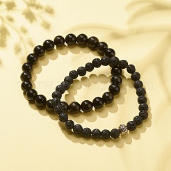 Ensemble de bracelets extensibles en obsidienne et pierre de lave 2pcs 2 styles&nbsp;BJEW-JB08193-01