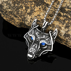 Colliers pendentifs tête de loup viking en acier inoxydable 304 et strass&nbsp;FS-WGCFA8E-01