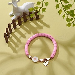 Pulsera elástica con cuentas de corazón y margaritas de concha natural y arcilla polimérica&nbsp;BJEW-JB08846