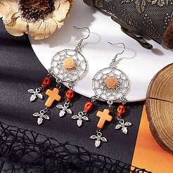 4 par de pendientes colgantes de turquesa sintética de 4 colores con red/red tejida con cruz y calavera&nbsp;EJEW-JE05865