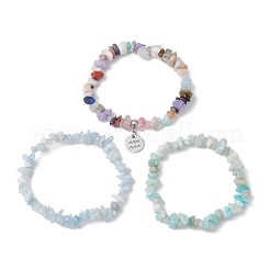 3 stücke 3 arten natürliche aquamarin & blume amazonit chips stretch armbänder sets&nbsp;BJEW-JB11076-01