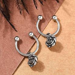 Boucles d'oreilles créoles pendantes en acier inoxydable chirurgical 316 avec fleur de rose pour femmes&nbsp;EJEW-G416-45AS