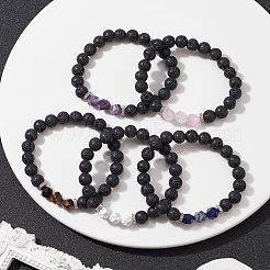Braccialetti elasticizzati con perline rotonde di pietra lavica naturale e pietre preziose miste&nbsp;BJEW-JB09774