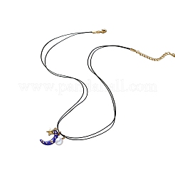 Collana da donna a un filo con ciondolo a mezzaluna blu in smalto ottone e cordino nero in similpelle.&nbsp;WG612AC-01