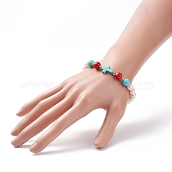 Synthetisches türkisfarbenes (gefärbtes) Kreuz und natürliches Mashan-Jade- und Perlen-Stretch-Armband&nbsp;BJEW-TA00161