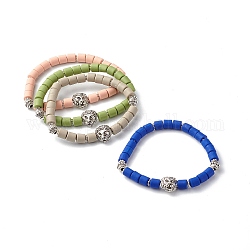 Браслеты из полимерной глины ручной работы эластичные браслеты, с бусинами из сплава в тибетском стиле, разноцветные, внутренний диаметр: 2-1/2 дюйм (6.35 см)