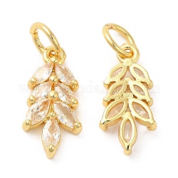 Rack Plating Brass Pave Cubic Zirconia Pendants, Leaf Charms with Jump Ring, Long-Lasting Plated, Lead Free & Cadmium Free, Real 18K Gold Plated, 16x8x3mm, Hole: 4mm