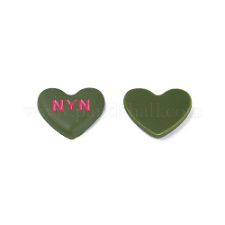 Cabochon in smalto acrilico, cuore con la parola nyn, verde oliva scuro, 20x23x5mm
