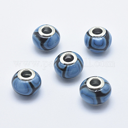 Handgemachte  europäischen Fimo-Perlen, mit versilberten Messingkernen, Großloch perlen, Rondell, Verdeck blau, 13~16x8~11 mm, Bohrung: 4.5~5 mm