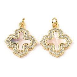Brass Cubic Zirconia with Shell Pendants, Long-Lasting Plated, Lead Free & Cadmium Free, Cross, Real 18K Gold Plated, 20.5x18x3mm
