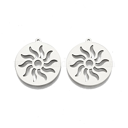 201 Stainless Steel Pendants, Flat Round with Sun, Stainless Steel Color, 27x25x1.5mm, Hole: 1.4mm