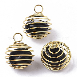 Pendentifs cage en spirale en fer, avec des perles d'obsidienne naturelle à l'intérieur, ronde, or, 21x24~26mm, Trou: 5mm