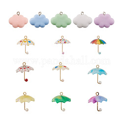 PandaHall Jewelry 28Pcs 14 Style Cloud Resin Pendants & Printed Acrylic Pendants,  with ABS Plastic Imitation Pearl and Golden Plated Brass Loops, 3D Umbrella with Heart Pattern, Mixed Color, 2pcs/style