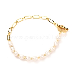 Natürliche Perlenarmbänder für Mädchenfrauengeschenk, Blumenknebelverschlüsse Messing Figaro-Kettenarmband, echtes 18k vergoldet, 7-7/8 Zoll (20 cm)