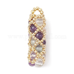 Natural Mixed Gemstone Pendants, Column Charms with Sead Bead Wrapped, Colorful, 31x10mm, Hole: 3x2.5mm