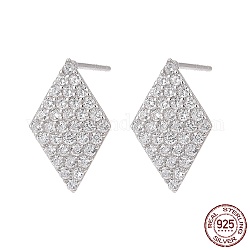 Rhodium Plated 925 Sterling Silver Stud Earring Findings, with Micro Pave Cubic Zirconia, Bar Links and Ice Pick Pinch Bail, Rhombus, Platinum, 13x8mm, Hole: 2x4mm, Pin: 0.8mm