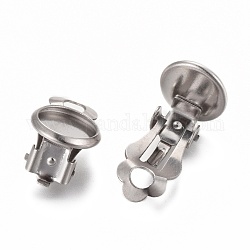 304 Stainless Steel Clip-on Earring Setting, Flat Round, Stainless Steel Color, Tray: 8mm, 16x10x8mm