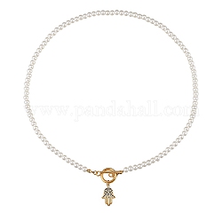Colliers avec pendentifs en 304 acier inoxydable, avec perles rondes en acrylique imitation perle et fermoirs à bascule, Hamsa main, blanc, or, 17.71 pouce (45 cm)