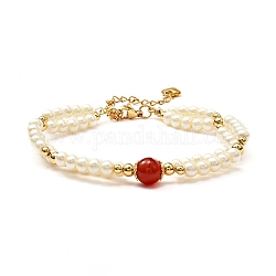 Pulseras de cuentas de cornalina natural redondas de reiki curativo para niñas mujeres, pulsera de perlas de vidrio con 304 cadena de acero inoxidable, rojo, 7-3/8 pulgada (18.8 cm)