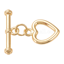 Brass Toggle Clasps, Long-Lasting Plated, Heart & Bar, Real 18K Gold Plated, Heart: 14x11x1.7mm, Hole: 1.8mm, Bar: 20x6x3mm, Hole: 1.8mm, 10sets/box