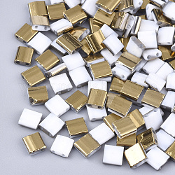 電気メッキ不透明ガラスシードビーズ  2穴  長方形  黄金メッキ  ホワイト  5x4.5~5.5x2~2.5mm  穴：0.5~0.8mm