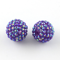Perles de strass en résine de couleur AB, avec des perles rondes acryliques à l'intérieur, pour les bijoux de bubblegum, violet foncé, 18x16mm, Trou: 2~2.5mm