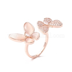 Кольцо-манжета с двойным бабочкой из прозрачного кубического циркония, Изысканное латунное кольцо с кошачьим глазом для женщин, розовое золото , внутренний диаметр: 17~17.5 мм