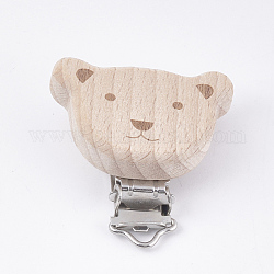 Beech Wood Baby Pacifier Holder Clips, with Iron Clips, Bear, Platinum, BurlyWood, 45x49x12.5mm, Hole: 3.5x13mm