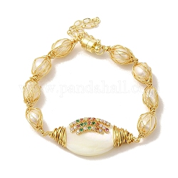 Oval Natural Pearl & Shell Link Bracelet with Colorful Rhinestone, Brass Wire Wrapped Bracelet with Magnetic Clasps, Real 14K Gold Plated, Inner Diameter: 2-3/8 inch(5.9cm)