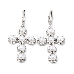Boucles d'oreilles créoles pendantes avec croix en zircone cubique et perle d'imitation en plastique ABS, bijoux en laiton pour femmes, platine, 47mm, pin: 1.2x0.8 mm
