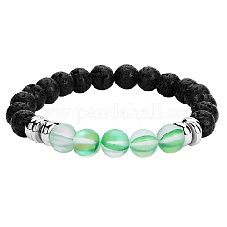 Synthetic Moonstone & Natural Lava Rock Round Beaded Stretch Bracelet, Essential Oil Gemstone Jewelry for Women, Green, Inner Diameter: 2-1/8 inch(5.5cm)