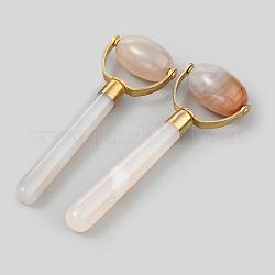 Natural Agate Brass Massage Tools, Facial Roller for Skin, Eyes, Neck, Raw(Unplated), Snow, 107x35x18mm