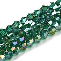 Transparentes cuentas de vidrio electroplate hebras, color de ab chapado, facetados, bicono, cerceta, 3.5mm, aproximamente 108~123 pcs / cadena, 12.76~14.61 pulgada (32.4~37.1 cm)
