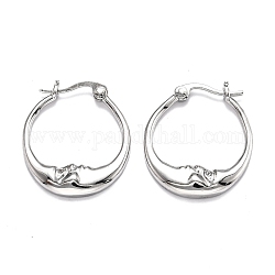 Brass Micro Pave Clear Cubic Zirconia Hoop Earrings, Ring with Moon, Real Platinum Plated, 22x19.5x3mm, Pin: 0.7mm