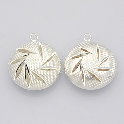 Brass Hollow Pendants, Flat Round, Silver Color Plated, 30x25x10mm, Hole: 3mm