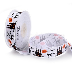 Polyester Ripsband, einseitig bedruckt, für Halloween-Geschenkverpackung, Partydekoration, Halloween-Themenmuster, weiß, 1 Zoll (25 mm), 100 Meter / Rolle (91.44 m / Rolle)