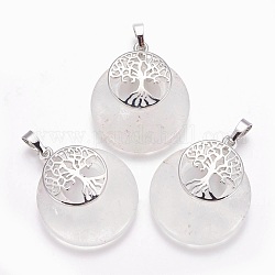 Natural Quartz Crystal Pendants, Rock Crystal Pendants, with Platinum Tone Brass Findings, Flat Round with Tree of Life, 32.5~33x27.5~28x5~6mm, Hole: 5x7mm