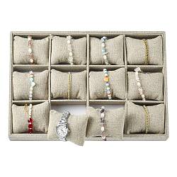 Display joyas pulsera de imitación de arpillera, 12 almohadas de rejilla sin soporte de almacenamiento de joyas de bandeja, con madera, bronceado, 353x243x41mm