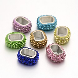Platinum Tone Alloy Polymer Clay Rhinestone Slide Charms, Cuboid, Mixed Color, 17x14x7mm, Hole: 7x11mm