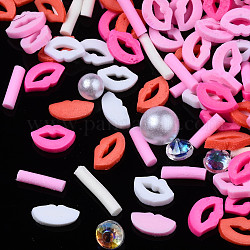 Cabujones de arcilla polimérica hechos a mano, Accesorios de decoración de uñas de moda, Con rhinestone acrílicos y perlas de imitación de plástico abs., formas mixtas, color mezclado, 2~12x1.5~5.5x0.5~5.5mm